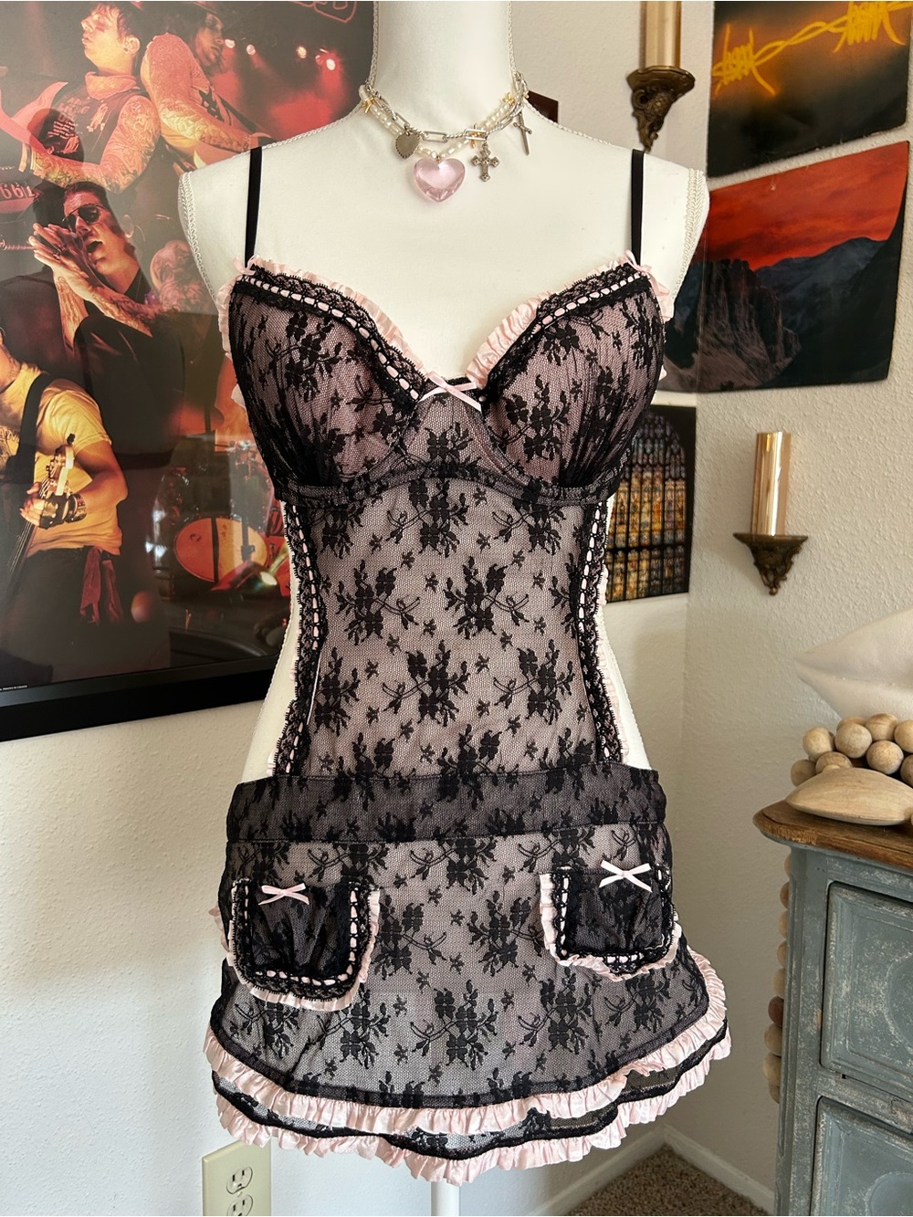 Victorias Secret Lingerie Bustier Babydoll 36C Coquette French Maid Apron Lace